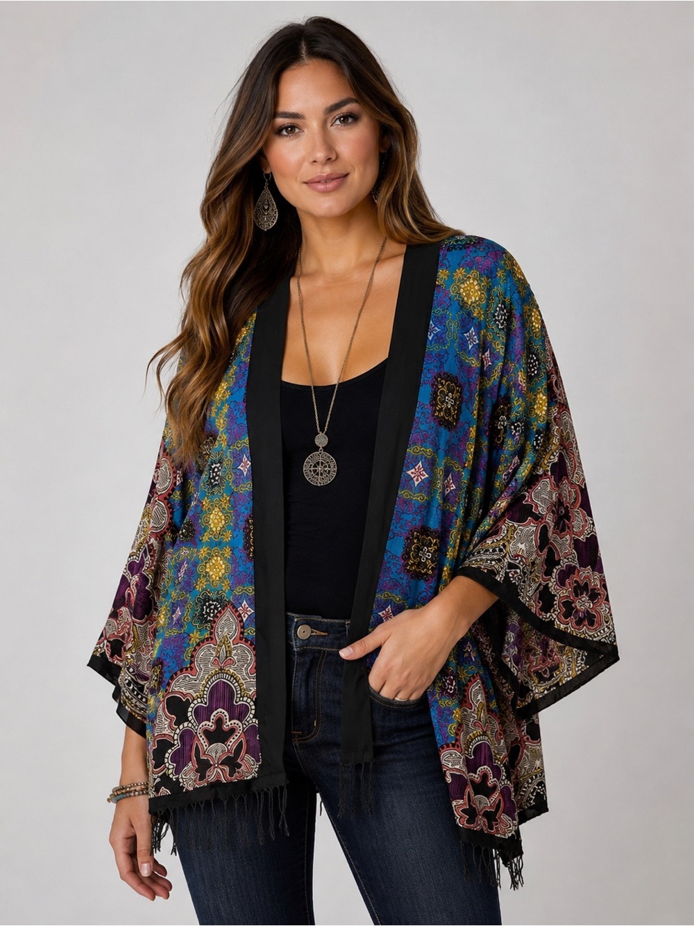 Flying Tomato Boho Fringe Kimono Large Blue Multicolor Open Front Wrap
